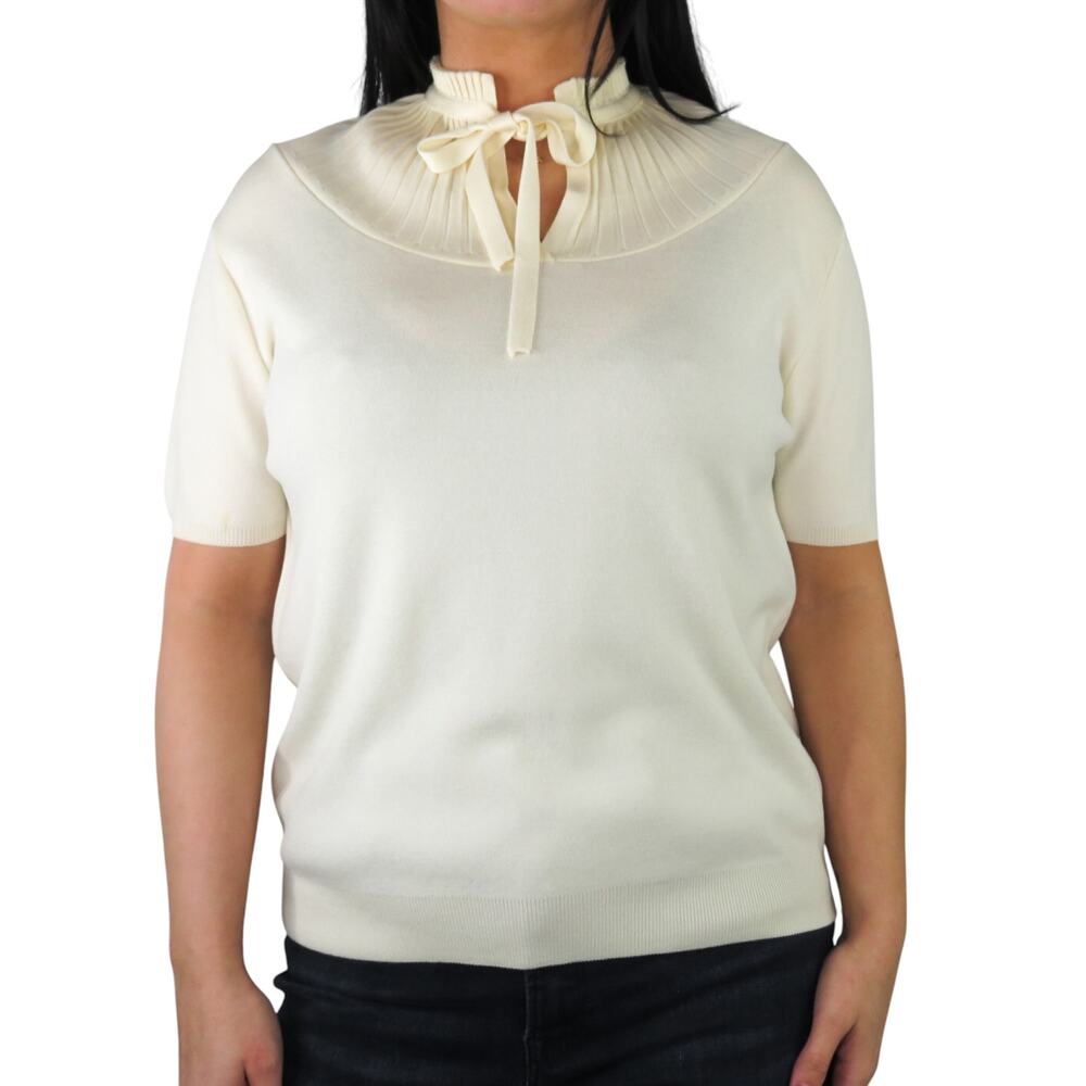1970s Exmoor Vintage Cream Short Sleeved Pleated Collar Bow Blouse Union Made